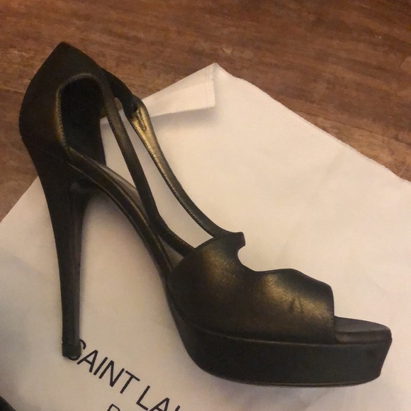 YSL stiletto Bronze open toe cross strap platform heel. Sexy metallic black gold - Picture 3 of 9
